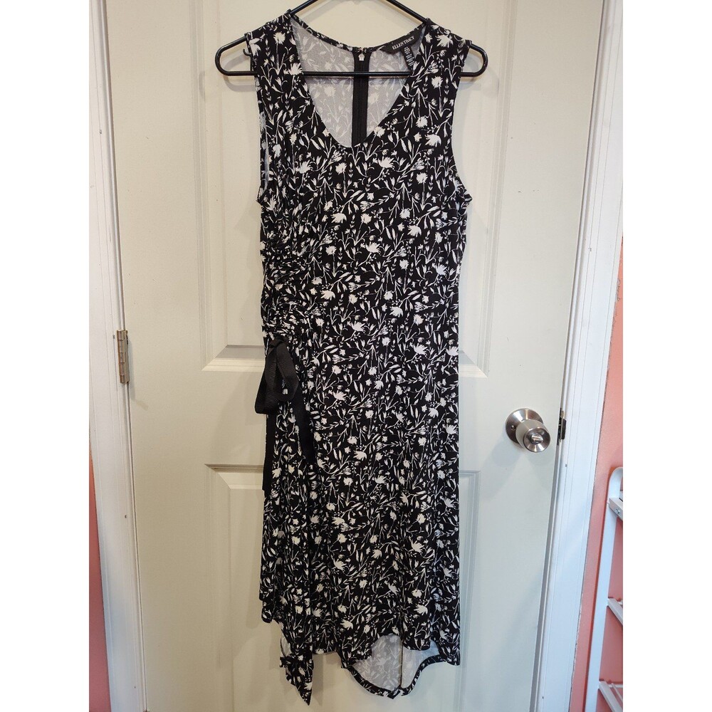 Women's Ellen Tracy Ruched Sleeveless Floral Dress Black White Small